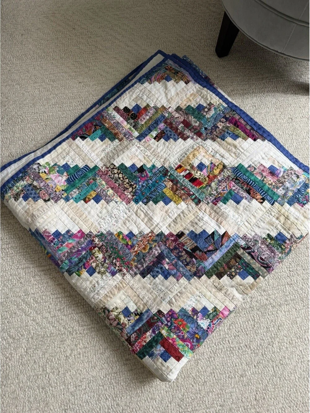 King 3pc Vintage Log Cabin Quilt Set Hand Quilted Scrappy Patchwork Shams 98x98